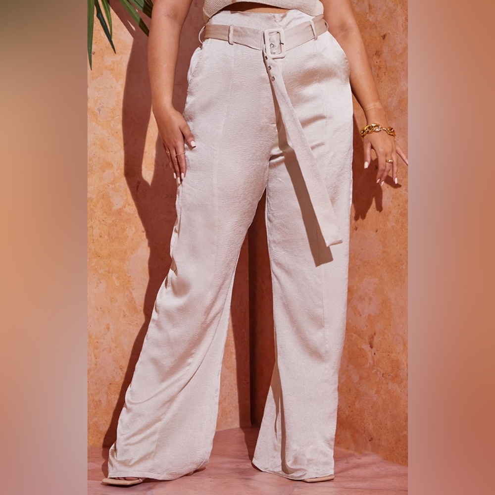 NWT PrettyLittleThing Plus Champagne Sheen Wide Leg Belted Trousers Size 20
